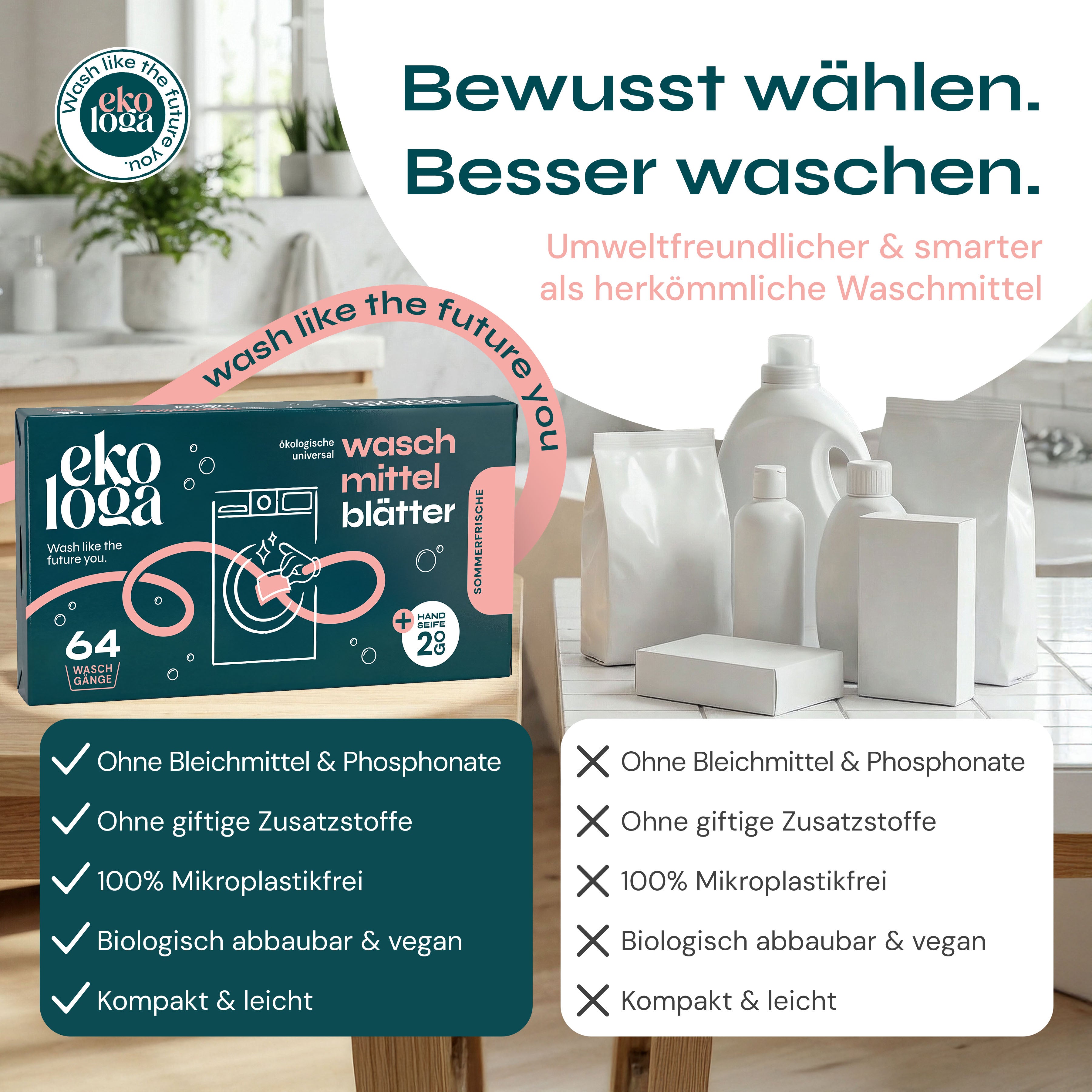 Umweltfreundliche Waschmittelblätter (64 Waschgänge mit Handseife)