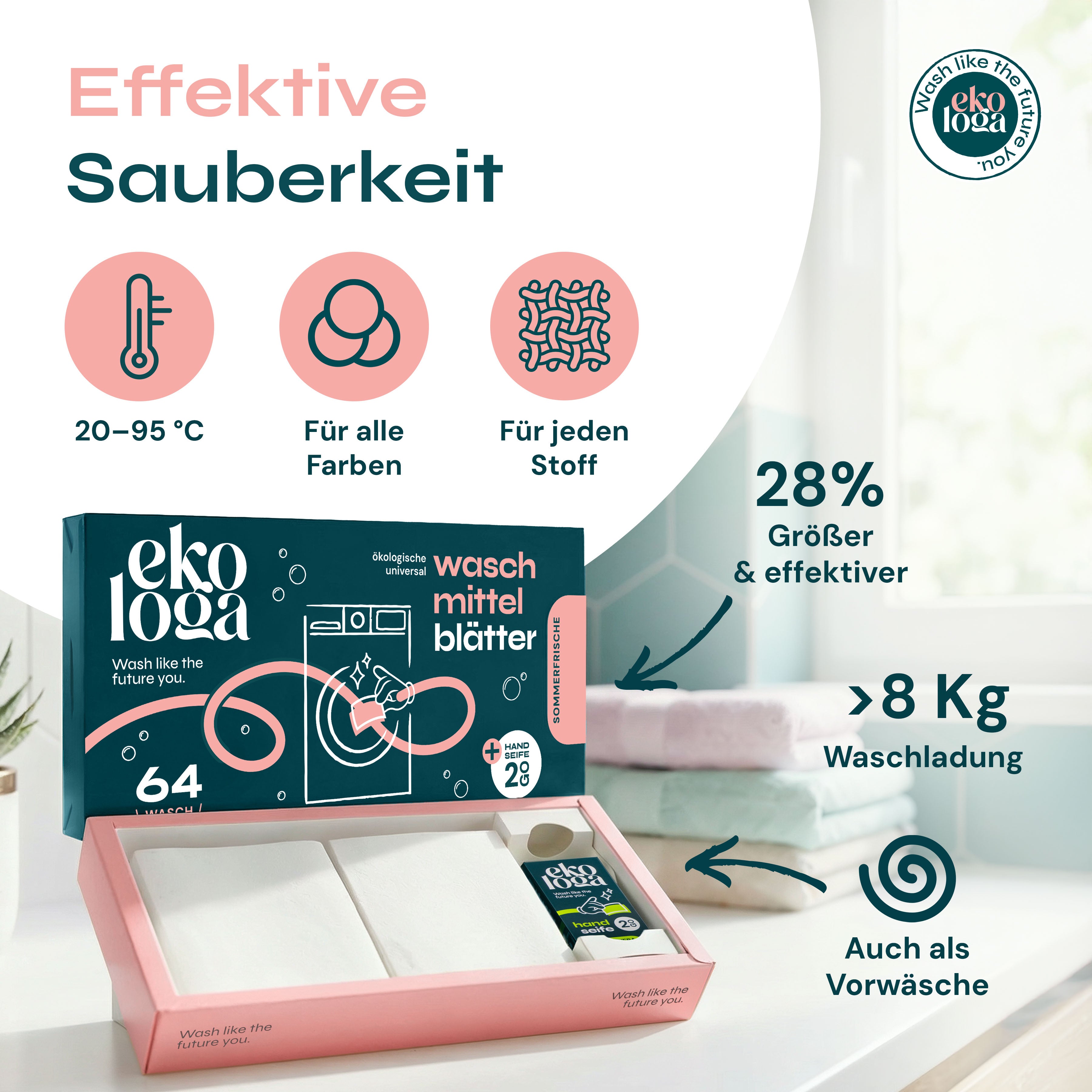 Umweltfreundliche Waschmittelblätter (64 Waschgänge mit Handseife)
